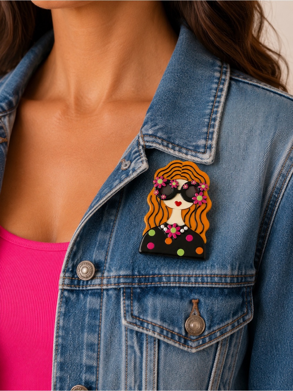 Colorful Floral Sunglasses Girl Enamel Brooch - Pink & Orange